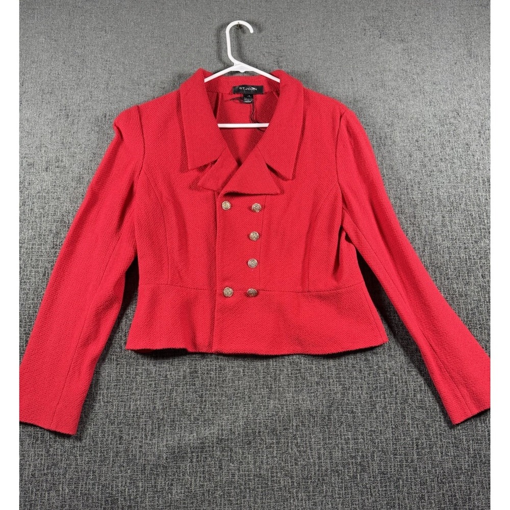 St. John Red Knit Blazer Jacket Size 10 Double Breasted Gold Button Front Career